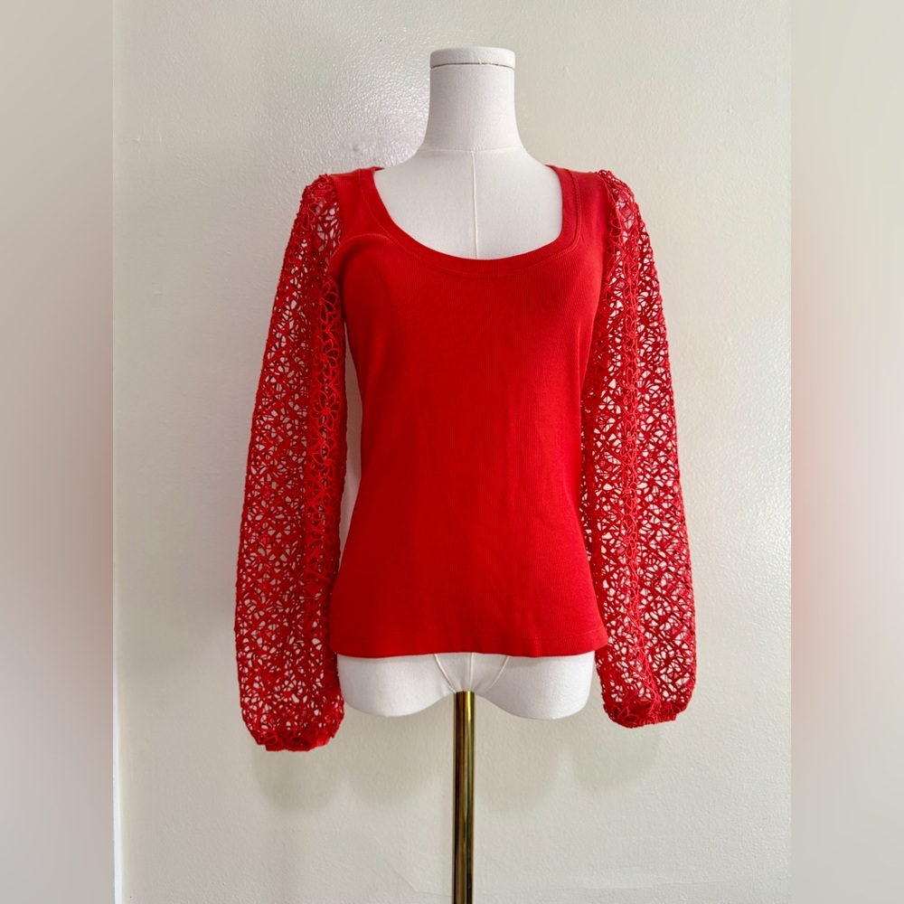 Anthropologie Vibrant Orange Crochet Sleeve Blouse